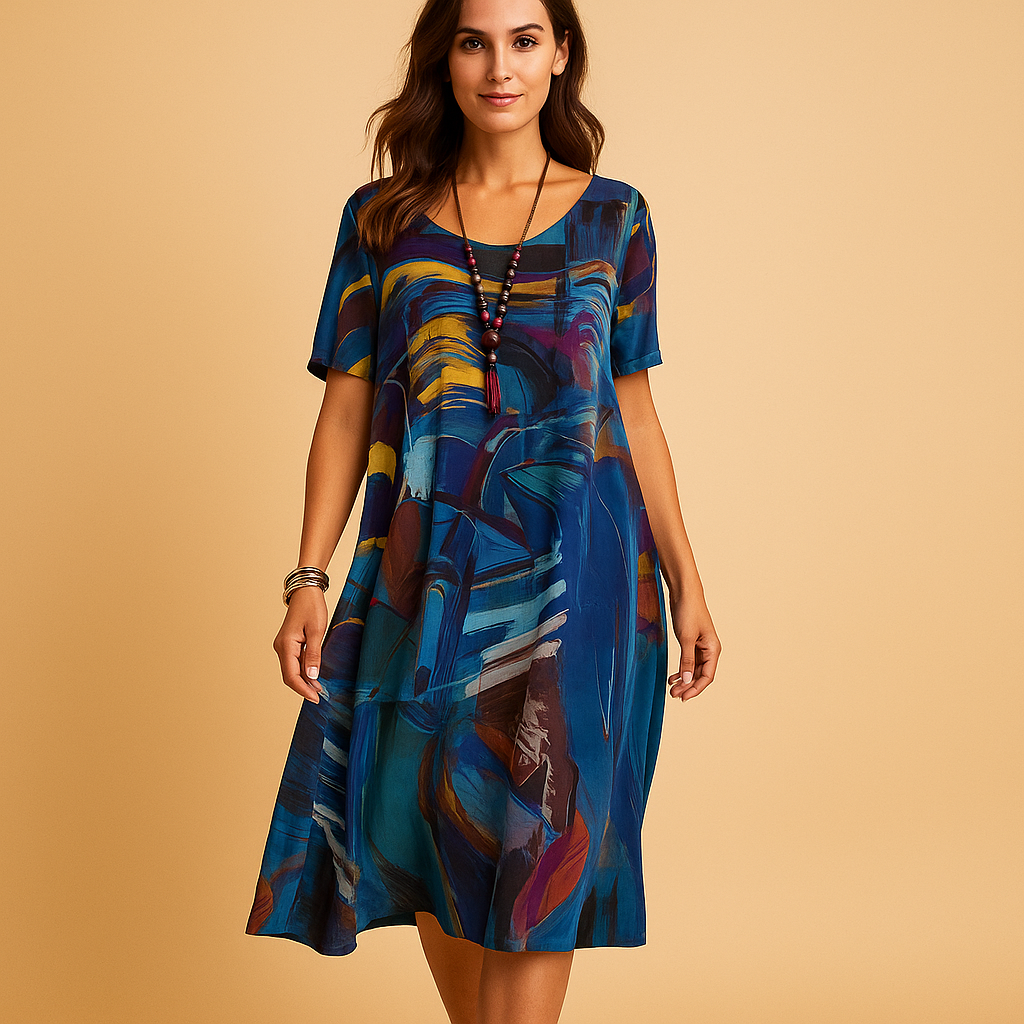 Women’s Printed Midi Dress – Relaxed Short Sleeve Style for Casual Days and Social Occasions