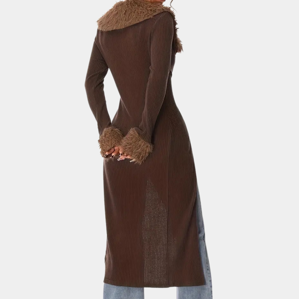 Gilet long en maille pour femme avec bordure en fausse fourrure - Pièce ajustée et distinctive pour l’automne, l’hiver, les soirées et le quotidien