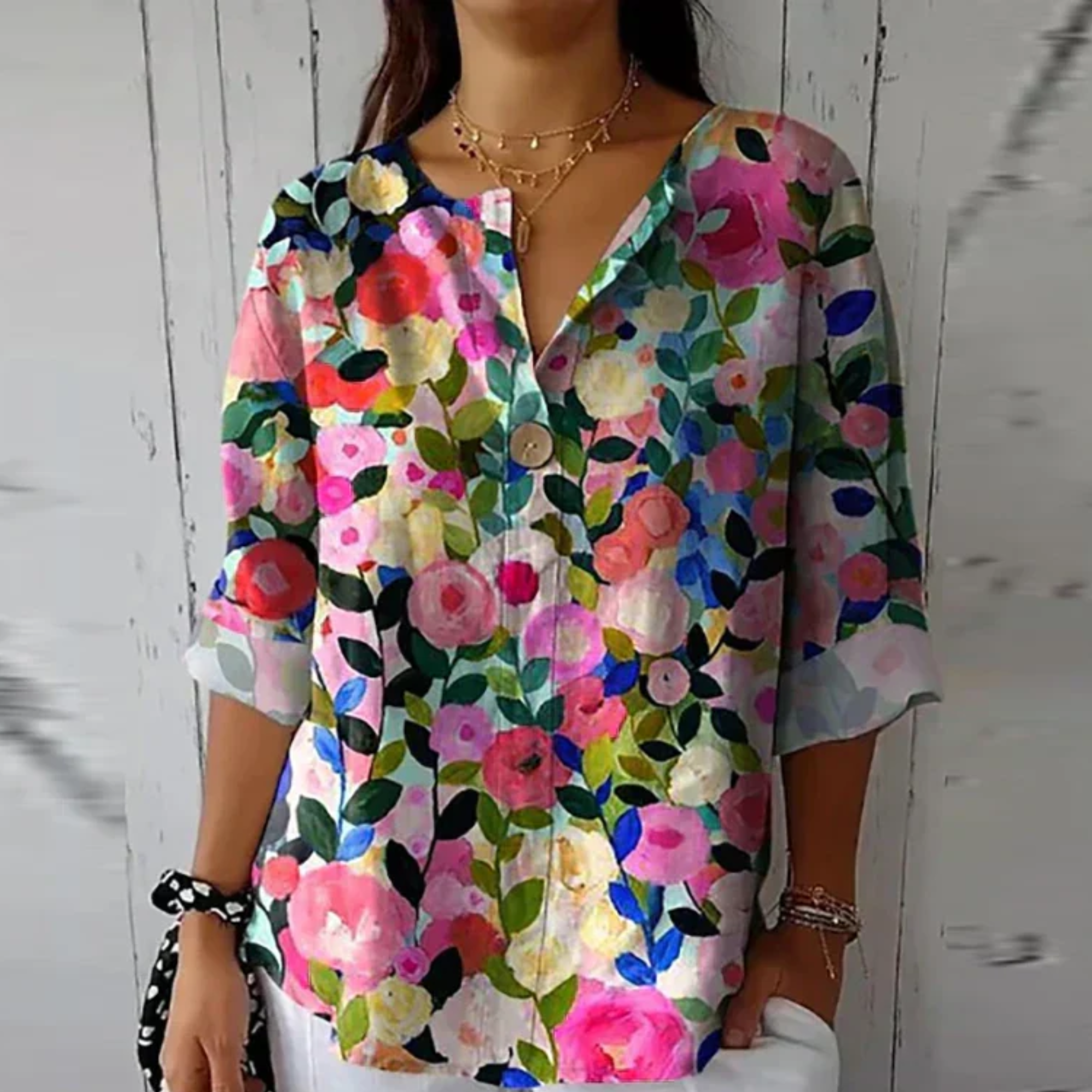 Women’s Printed V-Neck Blouse – Lightweight Summer Top for Daily and Holiday Wear