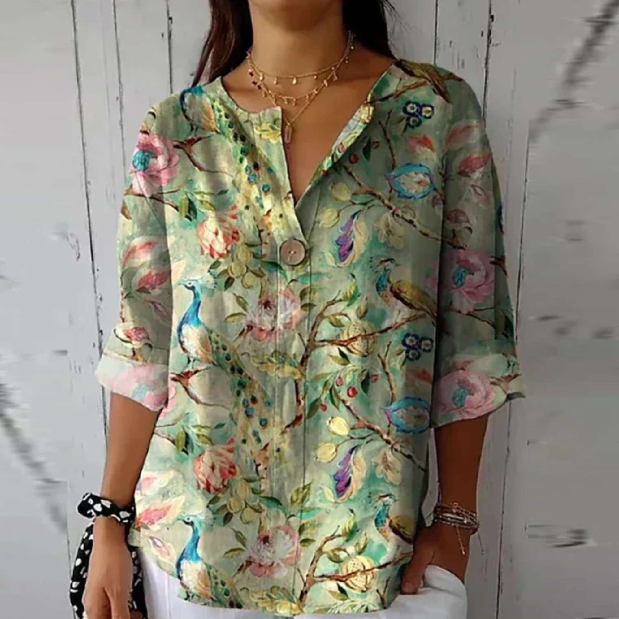 Women’s Printed V-Neck Blouse – Lightweight Summer Top for Daily and Holiday Wear