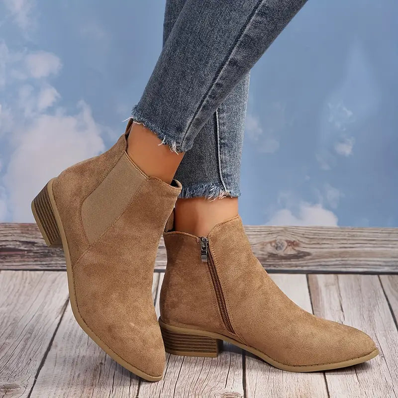 Women’s Suede-Look Ankle Boots – Side-Zip Low Block-Heel Boots for Everyday Autumn and Casual City Wear