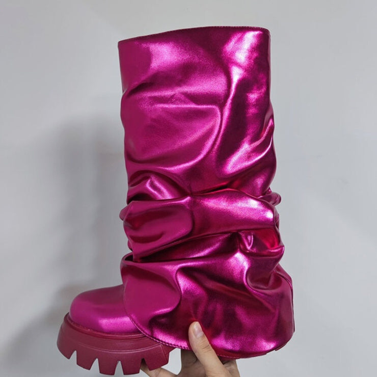 Women’s Metallic Slouch Mid-Calf Boots – Chunky Lug-Sole Statement Boots for City and Festival Wear