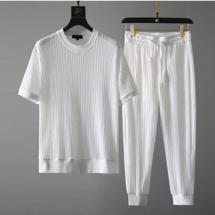 Conjunto de duas peças para homem, com T-shirt plissada – Top de gola redonda com textura e calças jogger de corte descontraído