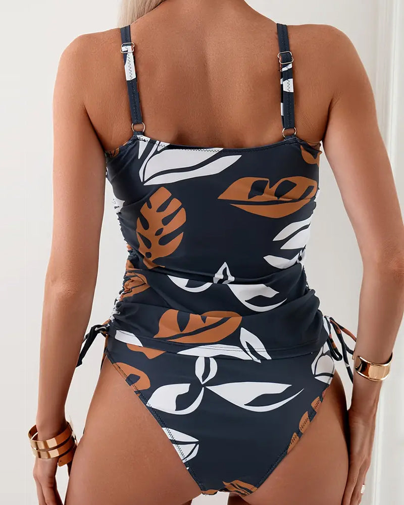 Women's Printed Ruched Tankini Set – Two-Piece Swimwear with Adjustable Straps and Side Tie Detailing for Summer Holidays