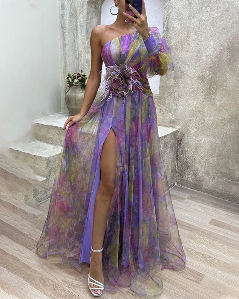 Rochie elegantă de damă cu un umăr, plisată, imprimeu floral, talie conică, stilată pentru ocazii