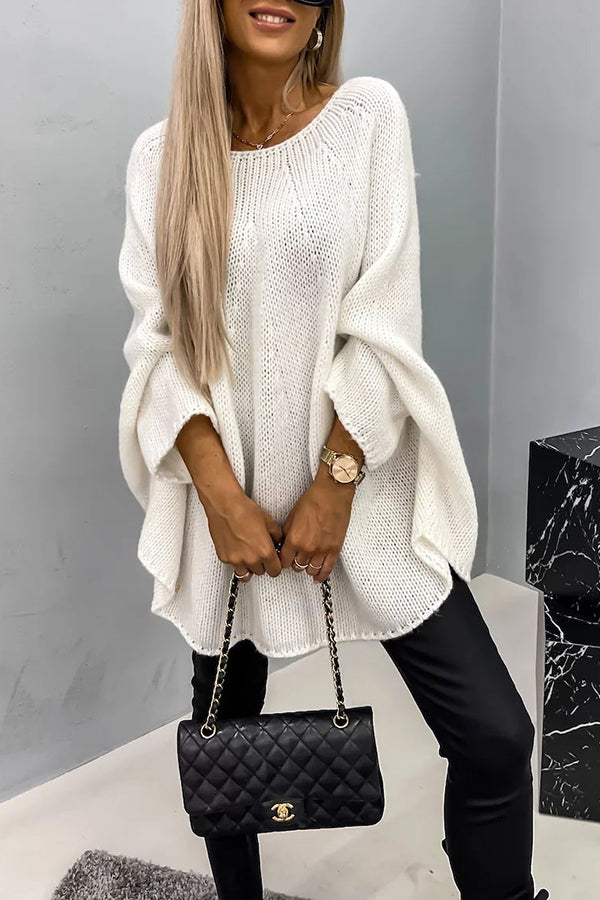 Women’s Draped Knit Poncho – Relaxed Round-Neck Sweater for Smart Casual Layering