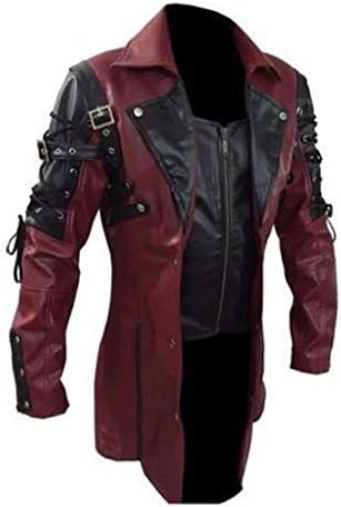 Steampunk-kostumefrakke til mænd med spændelukninger ved ærmerne og brede revers – gotisk bikerstil til Halloween og cosplay