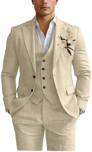 Men’s Linen-Blend Three-Piece Suit – Slim Wedding Tailoring for Summer Events