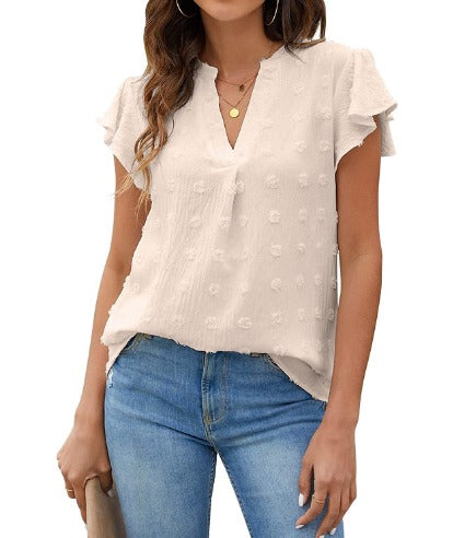 Women’s Ruffle Sleeve Blouse – Textured Notch Neck Top for Everyday Wear