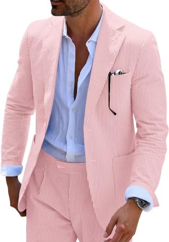 Men’s Seersucker Suit Set – Lightweight Slim Tailoring for Summer Weddings and Formal Events