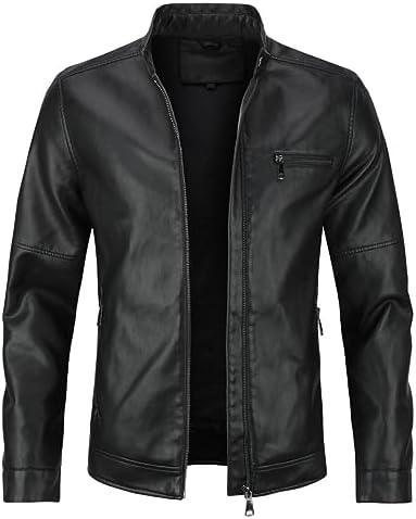 Men’s Sleek Faux-Leather Biker Jacket – Minimal Stand-Collar Zip-Up Moto Layer with Chest Pocket and Clean Panelled Finish for Autumn Travel Weekend Casual Evenings Commuting and Everyday Urban Styling