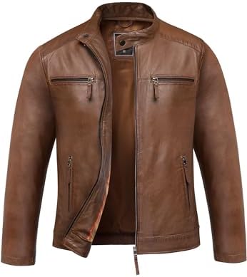 Giacca da biker uomo in vera pelle di montone - Capo da motociclista vintage con collo alto e chiusura con zip, tasche multiple, per streetwear autunnale, viaggi nel weekend e look quotidiani in città