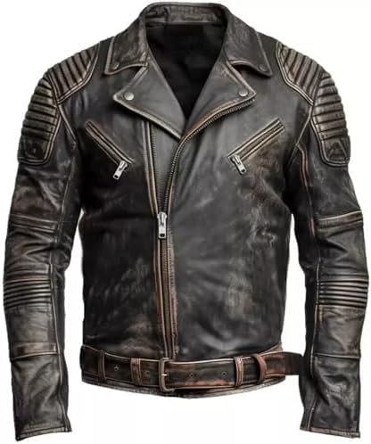 Ανδρικό distressed δερμάτινο moto μπουφάν - biker σχέδιο με ασύμμετρο πέτο, ζώνη και καπιτονέ πάνελ στους ώμους για φθινοπωρινό streetwear, σαββατοκύριακα, ταξίδια, βραδινές εξόδους και καθημερινές urban εμφανίσεις