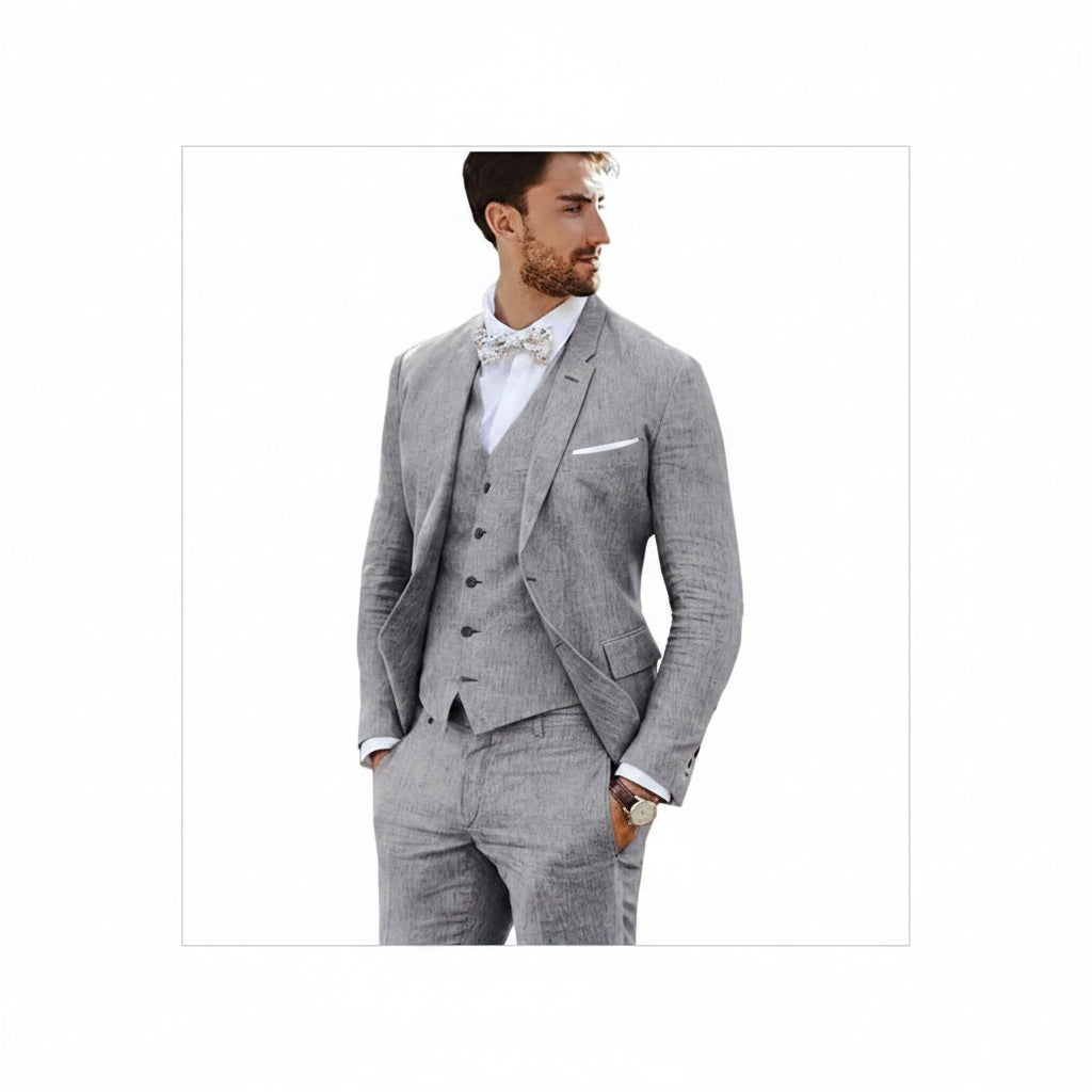 Ensemble de costume en lin ajusté pour homme – Style slim trois pièces pour mariages et événements formels