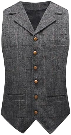 Men’s Vintage Herringbone Tweed Waistcoat – Tailored V-Neck Suit Vest with Notched Lapels for Weddings Business and Retro Styling