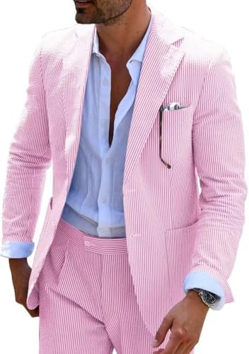 Men’s Seersucker Suit Set – Lightweight Slim Tailoring for Summer Weddings and Formal Events