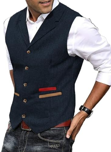 Men’s Textured Tweed Waistcoat with Notched Lapels – Vintage Button-Front Gilet for Weddings and Smart Casual Dressing