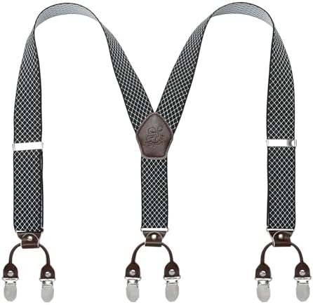 Men’s Checked Y-Back Braces – Adjustable Six-Clip Suspenders for Smart and Formal Styling