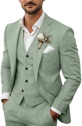 Fato de linho leve de três peças para homem – conjunto de verão de corte elegante para casamentos e eventos formais