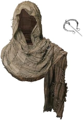Mantella medievale gotica da uomo con cappuccio e spalle - Sciarpa drappeggiata effetto vissuto con spilla decorativa per cosplay di Halloween e costumi fantasy