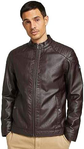 Blouson de motard pour homme en similicuir à épaules matelassées - couche zippée épurée à col montant, avec empiècements structurés, pour les trajets d’automne, les voyages le week-end, les soirées chic décontractées et le quotidien en ville