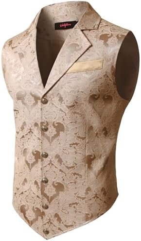 Vestă formală jacquard pentru bărbați - vestă croită ornamentată, cu un singur rând de nasturi și guler cu rever, pentru nunți, petreceri, evenimente de seară, stil steampunk și ținute elegante pentru ocazii speciale