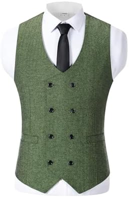 Men’s Double-Breasted Wool Tweed Waistcoat with V-Neck – Vintage Tailored Suit Vest for Weddings and Groomsmen