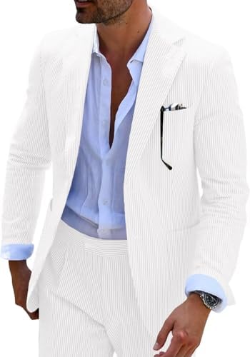 Men’s Seersucker Suit Set – Lightweight Slim Tailoring for Summer Weddings and Formal Events