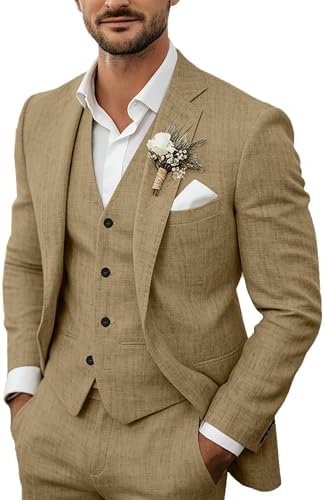 Fato de linho leve de três peças para homem – conjunto de verão de corte elegante para casamentos e eventos formais