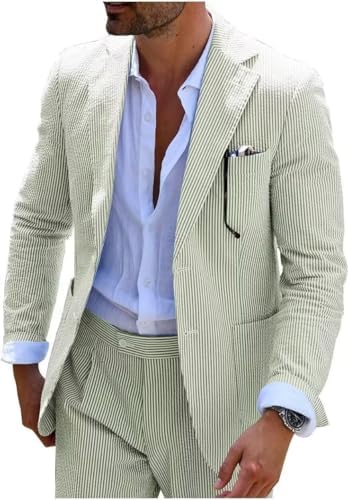 Men’s Seersucker Suit Set – Lightweight Slim Tailoring for Summer Weddings and Formal Events