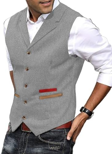 Chaleco de tweed texturizado para hombre con solapas con muesca - Chaleco vintage con botones delanteros para bodas y un estilo elegante informal