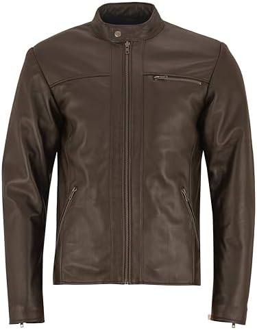 Giacca racer uomo in vera pelle d'agnello - Capo essenziale con collo a bottoni automatici e chiusura con zip, dettagli minimali sulle tasche, per gli spostamenti autunnali, serate smart casual e look quotidiani in città