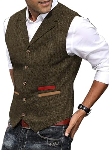 Chaleco de tweed texturizado para hombre con solapas con muesca - Chaleco vintage con botones delanteros para bodas y un estilo elegante informal