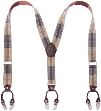 Men’s Checked Y-Back Braces – Adjustable Six-Clip Suspenders for Smart and Formal Styling
