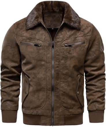 Men’s Fleece-Lined Faux-Leather Aviator Bomber Jacket – Vintage Fur-Collar Zip-Up Winter Layer with Ribbed Trims and Multi-Pocket Utility for Cold-Weather Travel Weekend Streetwear and Everyday City Wear