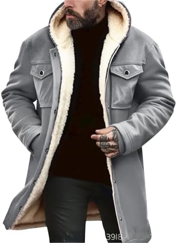 Cappotto invernale da uomo con cappuccio e fodera in pile, con tasche con patta - Capospalla casual lungo per vestirsi a strati nella stagione fredda