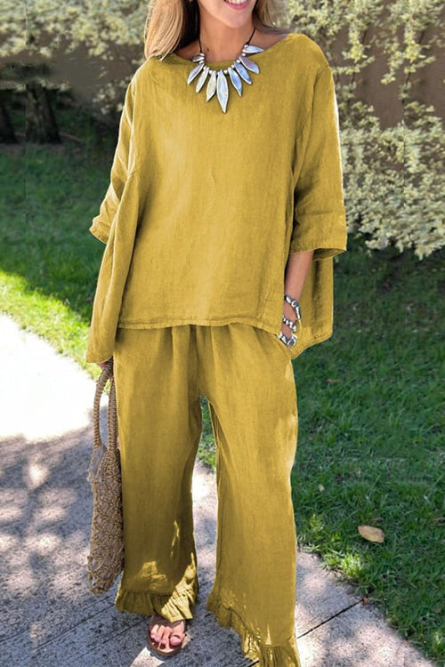 Conjunto de dos piezas de algodón y lino para mujer - Top holgado de mangas tres cuartos con pantalón de pierna ancha y bajo con volantes