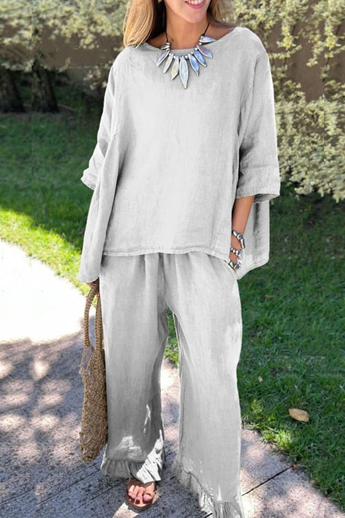 Conjunto de dos piezas de algodón y lino para mujer - Top holgado de mangas tres cuartos con pantalón de pierna ancha y bajo con volantes