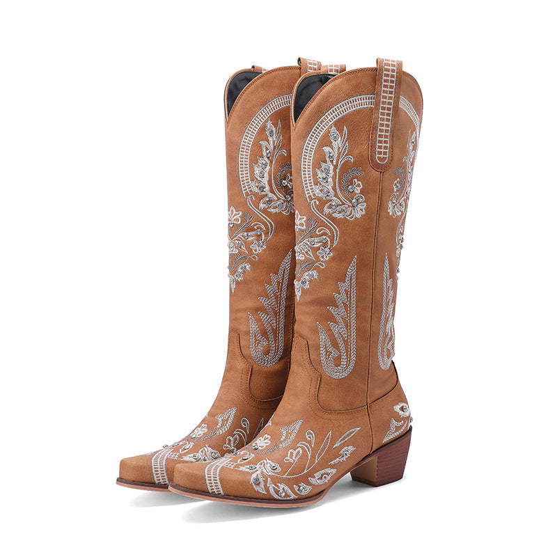 Women’s Embroidered Knee-High Cowboy Boots with Side Zips – Retro Western Style with Block Heels for Festivals and Weekend Outfits