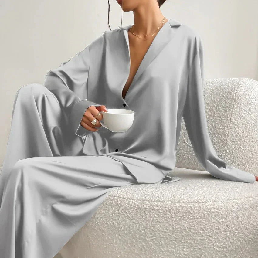 Women’s Relaxed Pyjama Co-Ord Set – Button-Up Long-Sleeve Shirt with Wide-Leg Trousers for Sleep and Lounge Wear