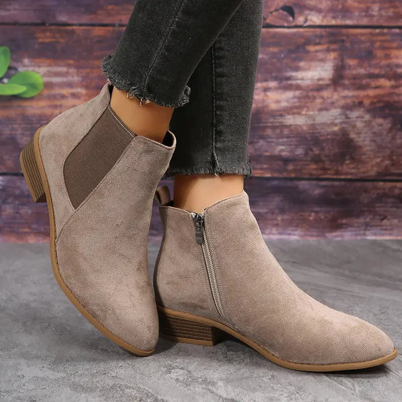 Women’s Suede-Look Ankle Boots – Side-Zip Low Block-Heel Boots for Everyday Autumn and Casual City Wear