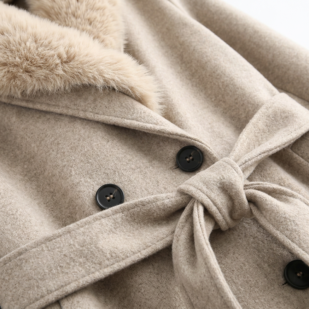 Dameswinterjas van een wolmix met ceintuur, zachte imitatiebonthals en dubbele rij knopen – Elegante lange jas voor koud weer