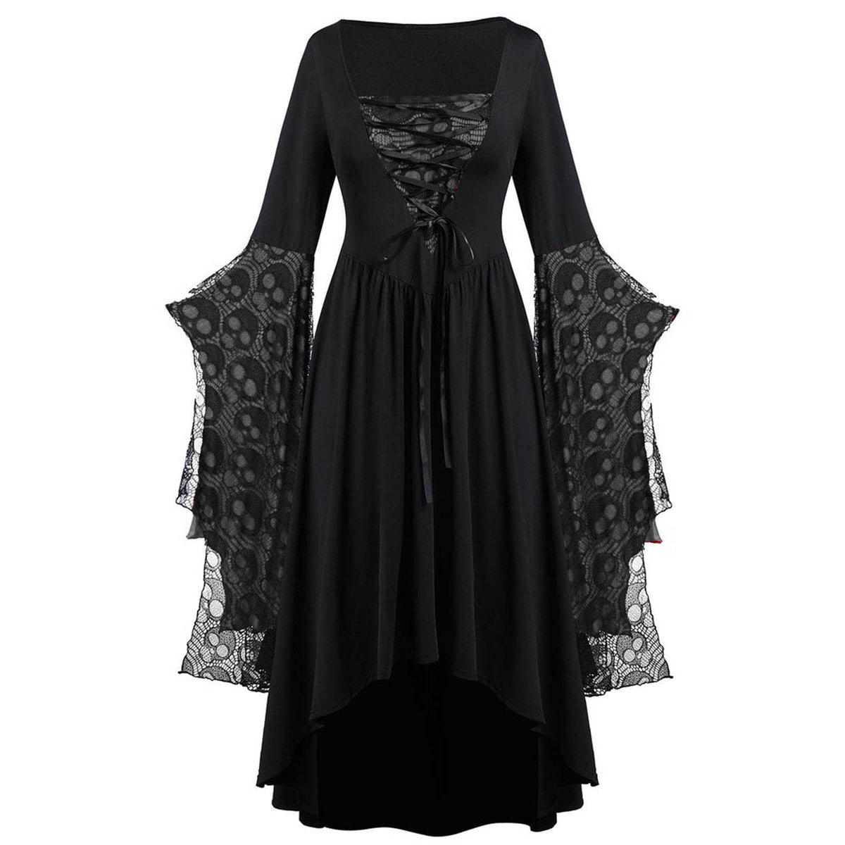 Maxi-jurk met kanten mouwen en verschillende zoomlengtes voor dames - avondjurk met vierkante hals en veterdetail voor themafeesten en speciale gelegenheden