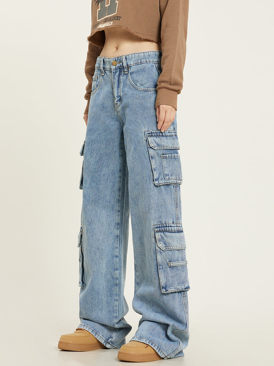 Jeans cargo da donna a gamba larga con tasche utility