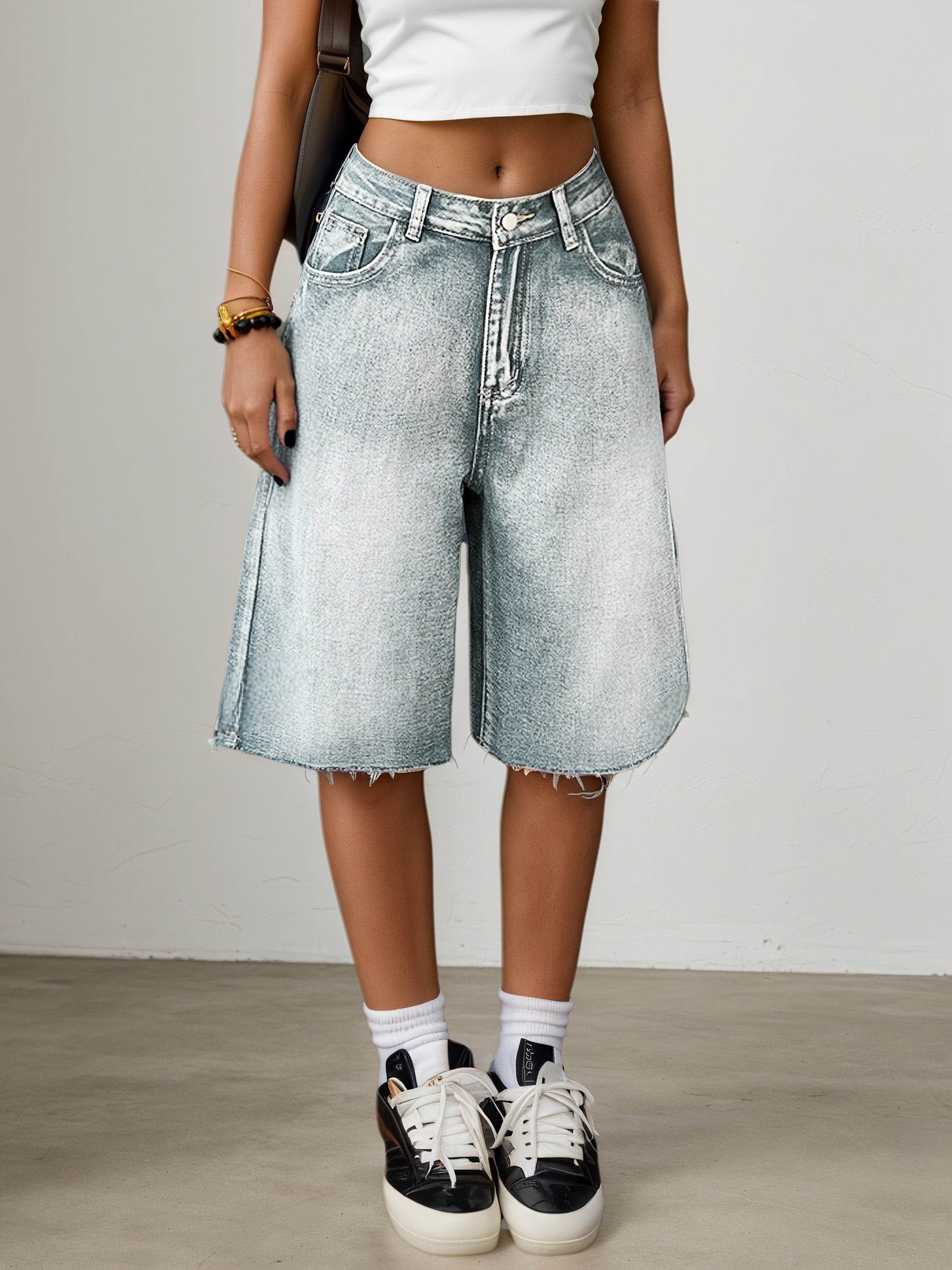 Dame Denim Jorts Løs Pasform Høj Talje Vide Ben Knælange Casual Shorts