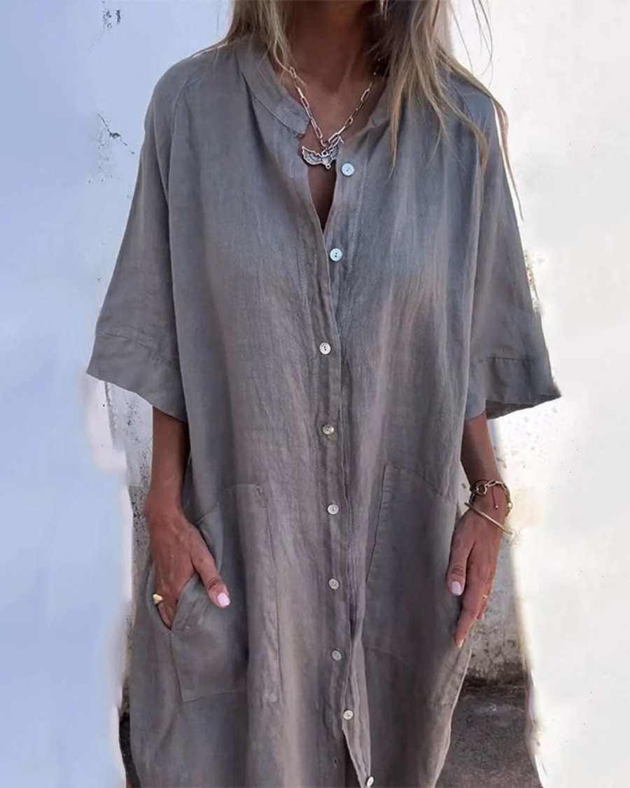 Women’s Loose Fit Midi Shirt Dress With Pocket Detail