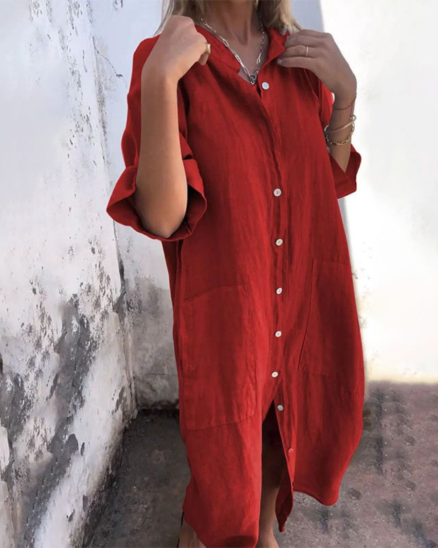 Women’s Loose Fit Midi Shirt Dress With Pocket Detail