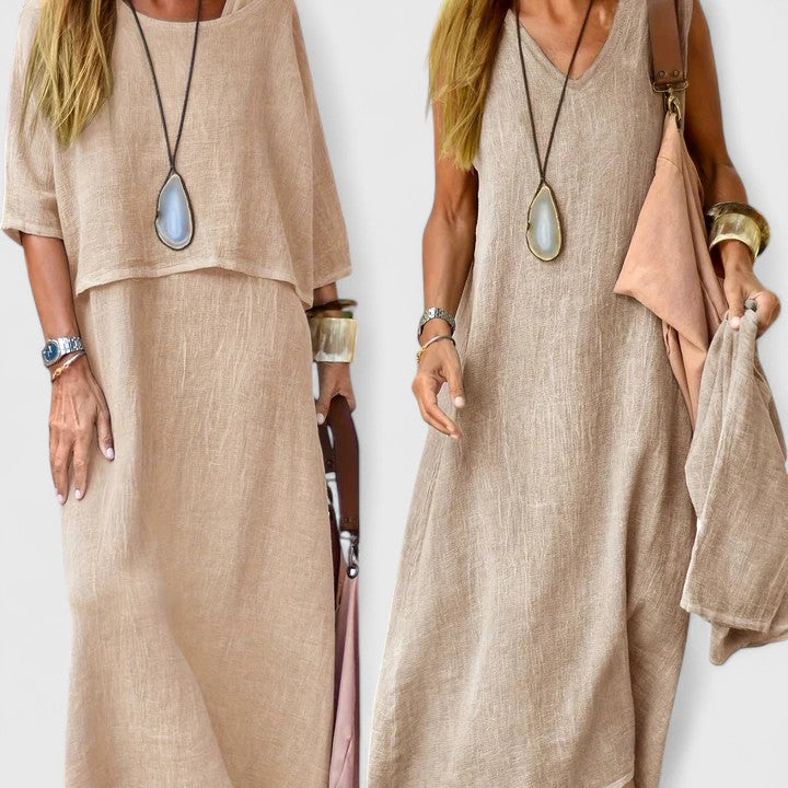 Abito lungo a strati da donna, vestibilità comoda, stile quotidiano