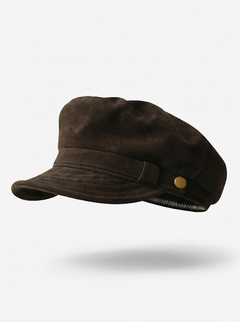 Women’s Suede Baker Boy Cap – Vintage Marine-Style Flat-Brim Winter Newsboy Hat with Decorative Button