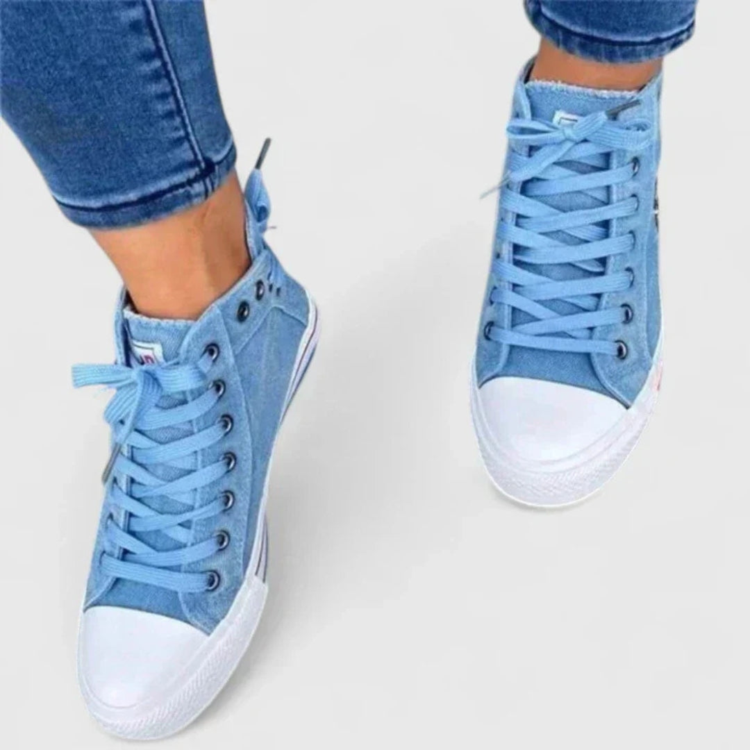 Women’s Denim High-Top Trainers – Lace-Up Casual Sneakers with Side Zip Detail